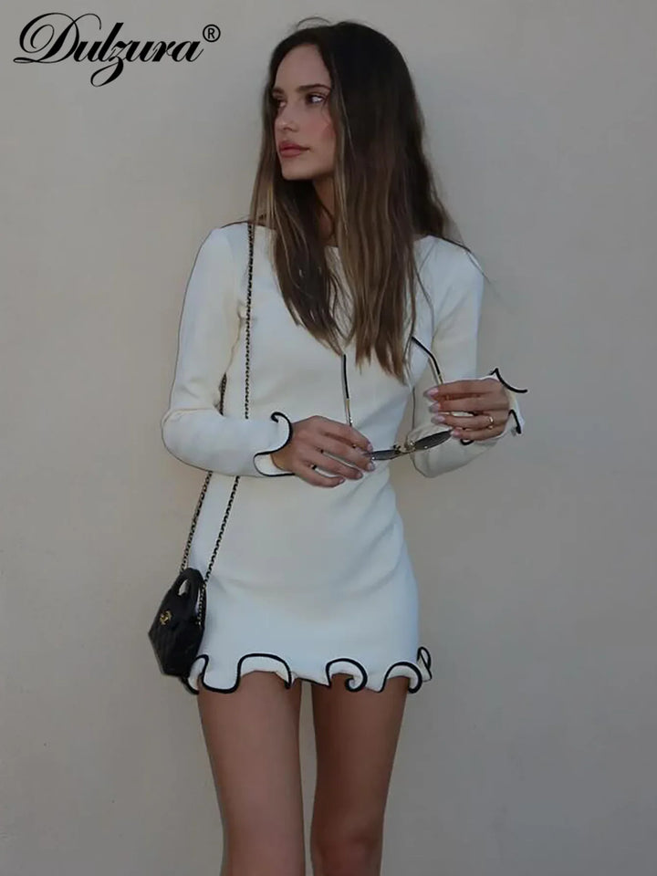 Damen Minikleid Rüschen Patchwork | Rundhalsausschnitt Langärmlig