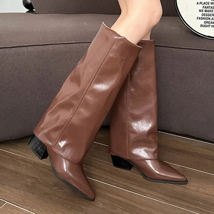 Hohe Chunky Lederstiefel für Damen | Kniehohe Chelsea Boots mit Blockabsatz und trendigem Design