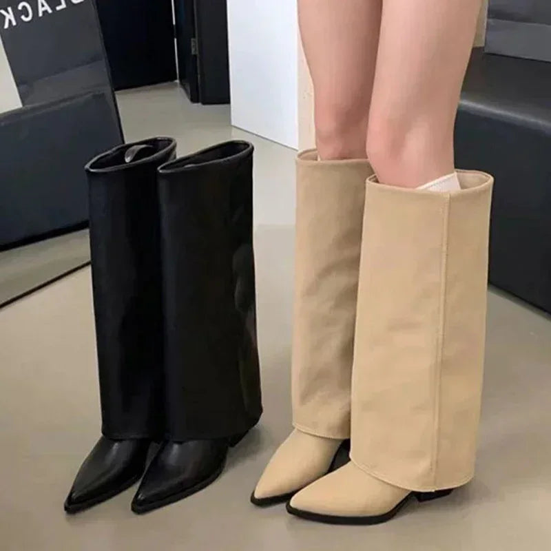 Hohe Chunky Lederstiefel für Damen | Kniehohe Chelsea Boots mit Blockabsatz und trendigem Design