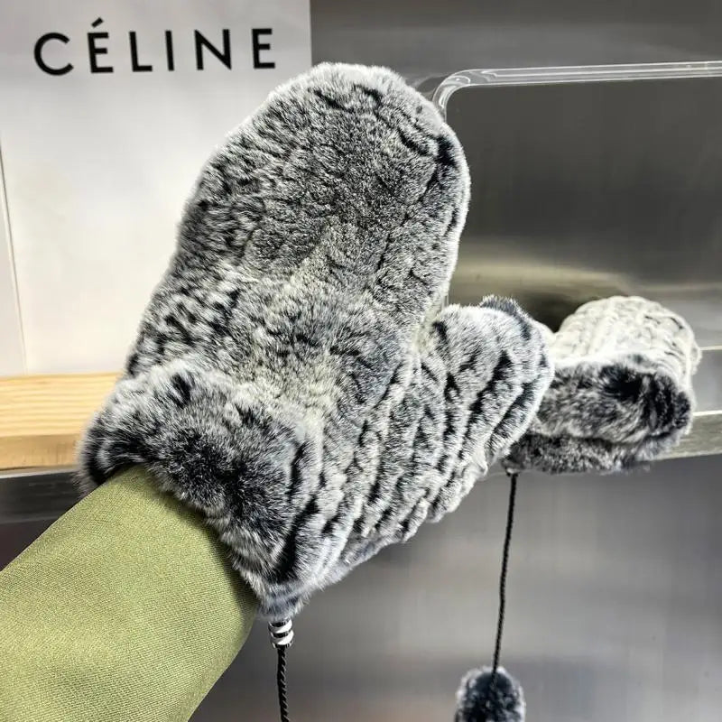 Damen Gestrickte Rex Kaninchen Fell Winterhandschuhe - Warme Weiche Fäustlinge