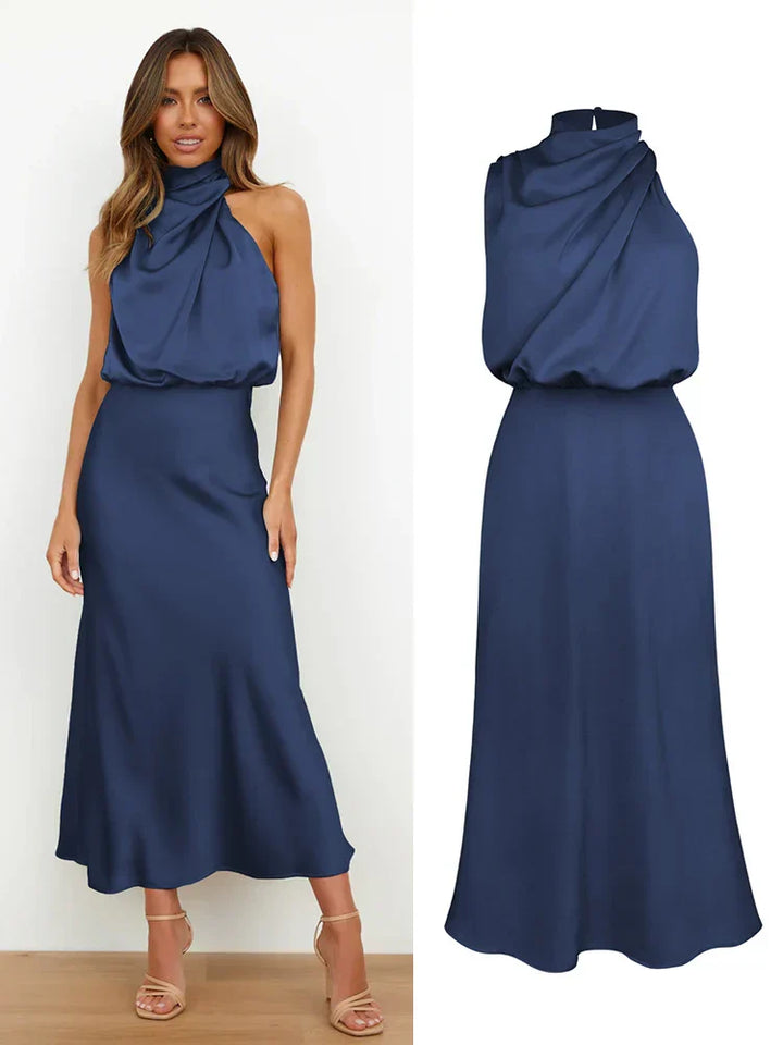Elegantes Midikleid aus Satin | Asymmetrischer Ausschnitt & Sublimierte Silhouette