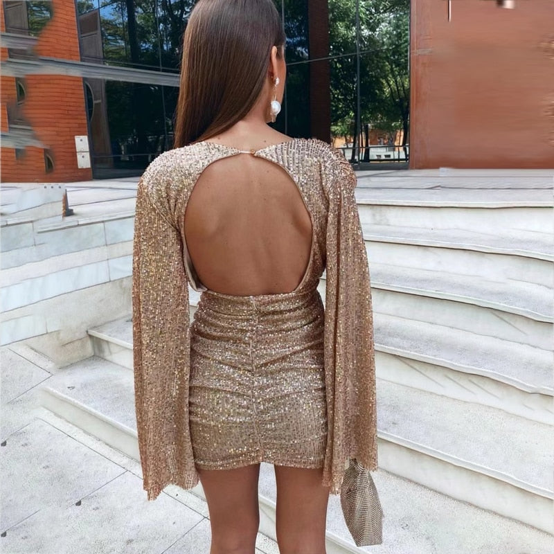 Wow Paillettenkleid für Frauen | V-Ausschnitt & Cape-Ärmel | Festliches und trendiges Design