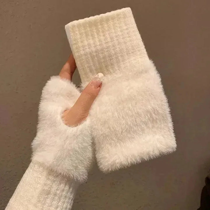 Damen Halbfinger Handschuhe - Weiche Strick Plüsch Luxus Winter Fäustlinge