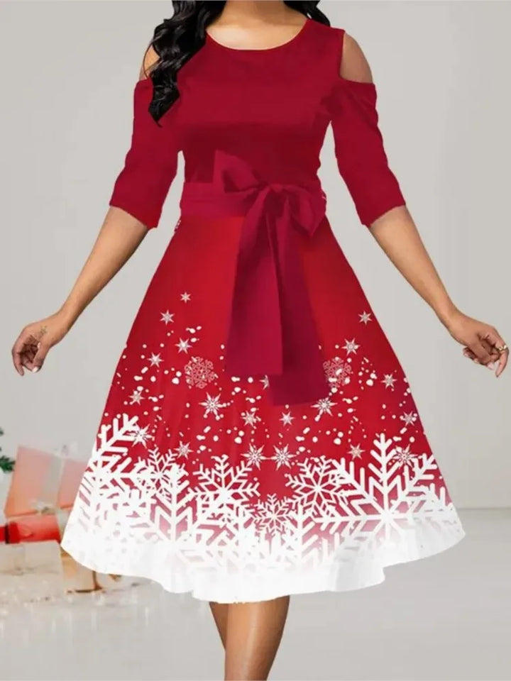 Damen Weihnachtskleid A-Linie | Schneeflocke Print Off-Shoulder Gürtel