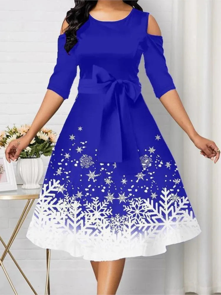 Damen Weihnachtskleid A-Linie | Schneeflocke Print Off-Shoulder Gürtel