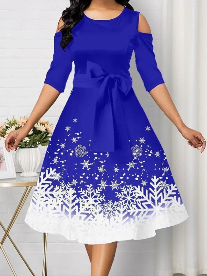 Damen Weihnachtskleid A-Linie | Schneeflocke Print Off-Shoulder Gürtel