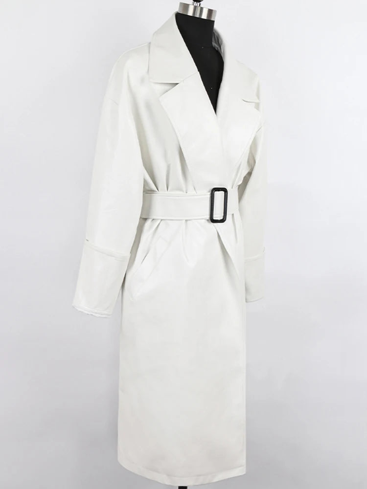 Damen Leder-Gabardina in Schwarz | Langer Oversize-Mantel mit Revers für Herbst