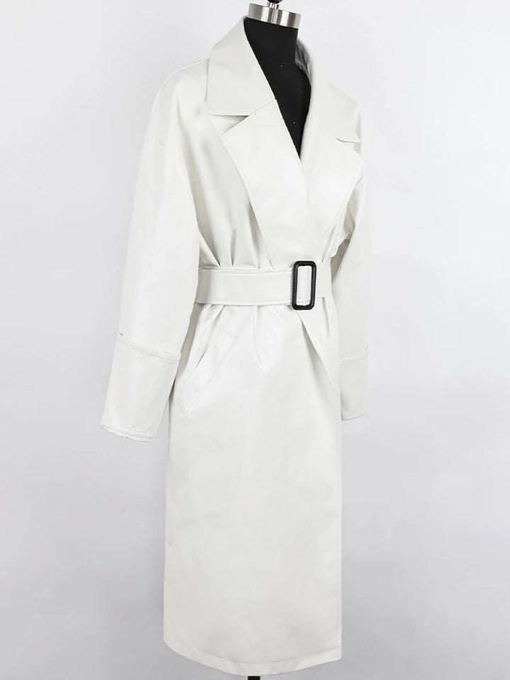 Damen Leder-Gabardina in Schwarz | Langer Oversize-Mantel mit Revers für Herbst