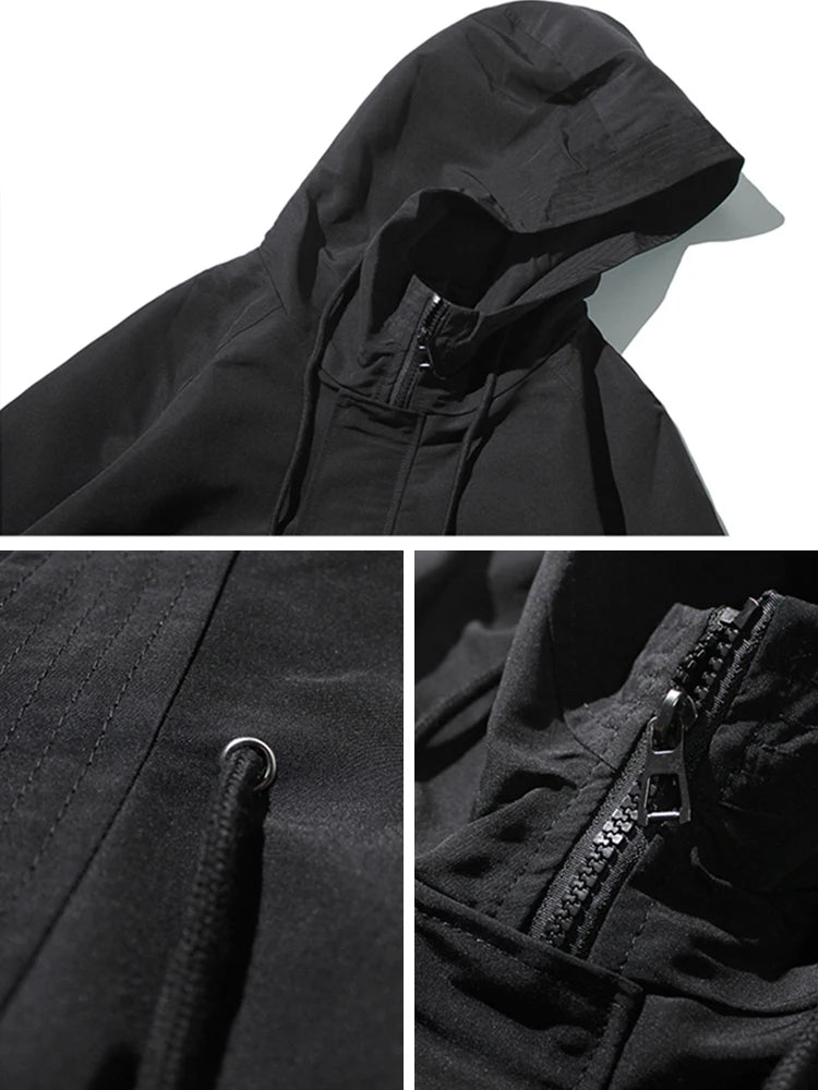 Herren Trenchcoat in Schwarz | Langer Windbreaker mit Kapuze für Frühling & Herbst