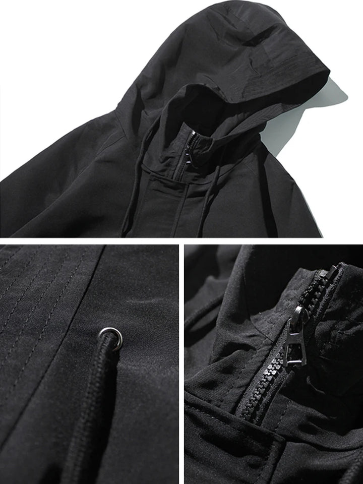 Herren Trenchcoat in Schwarz | Langer Windbreaker mit Kapuze für Frühling & Herbst