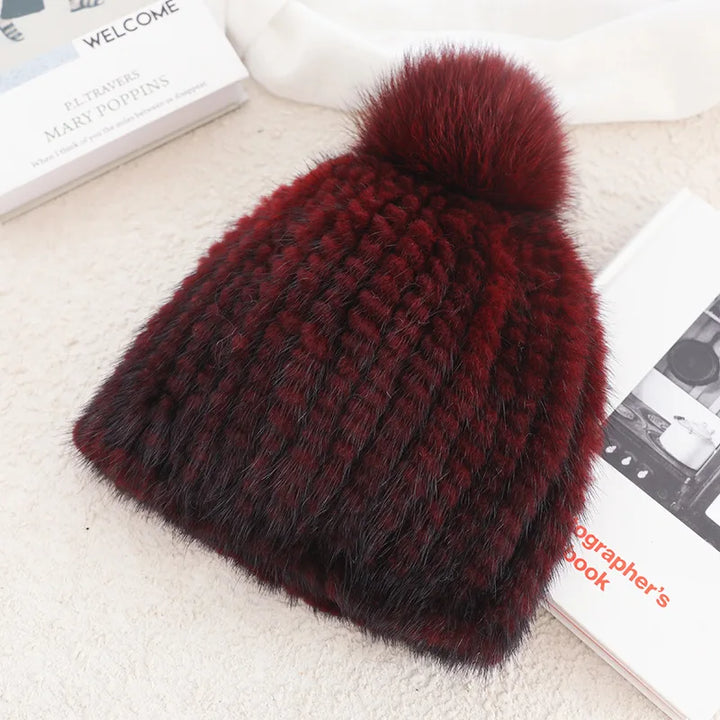 Damen Gestrickte Nerz Fell Winter Mütze - Dicke Beanie mit Fuchs Fell Bommeln