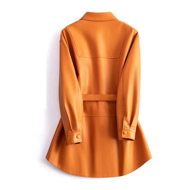 Damen Lederjacke in Grün | Modische Gabardina mit Gürtel für Frühling & Herbst