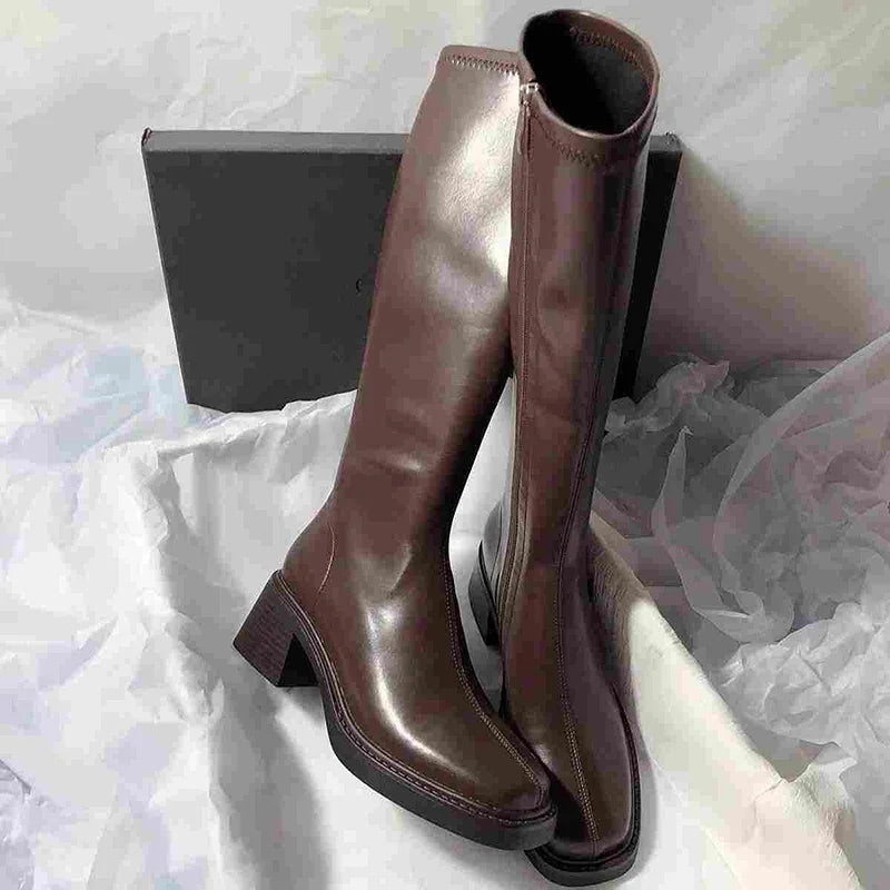 Botas vintage hasta la rodilla para mujer | Botas de moda con tacón grueso y cremallera lateral otoño invierno