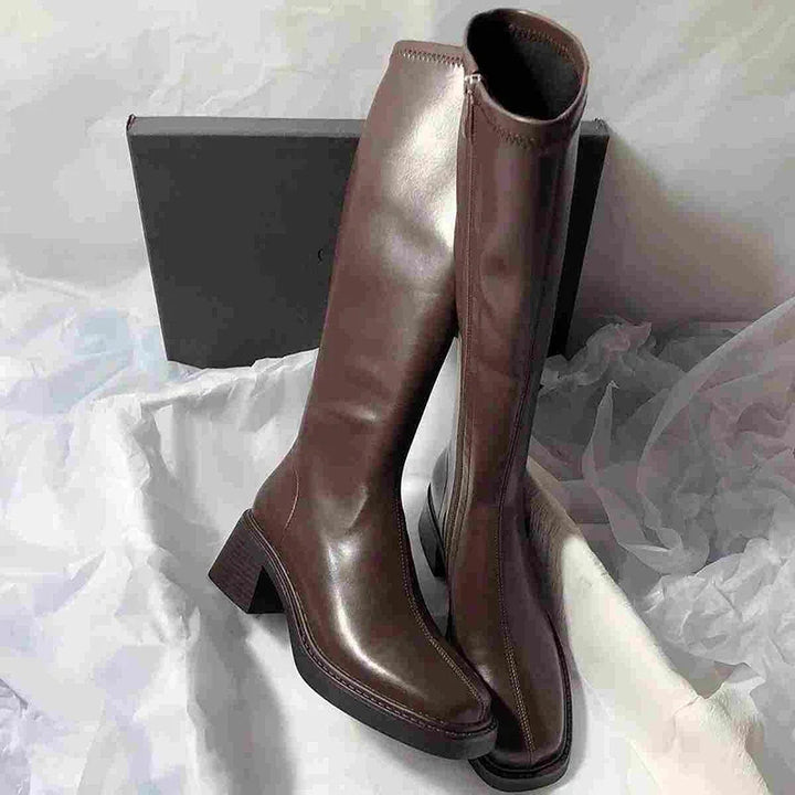 Botas vintage hasta la rodilla para mujer | Botas de moda con tacón grueso y cremallera lateral otoño invierno