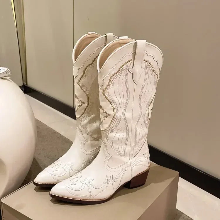 Botas vaqueras vintage para mujer | Botas vaqueras bordadas con tacón de bloque y cremallera 