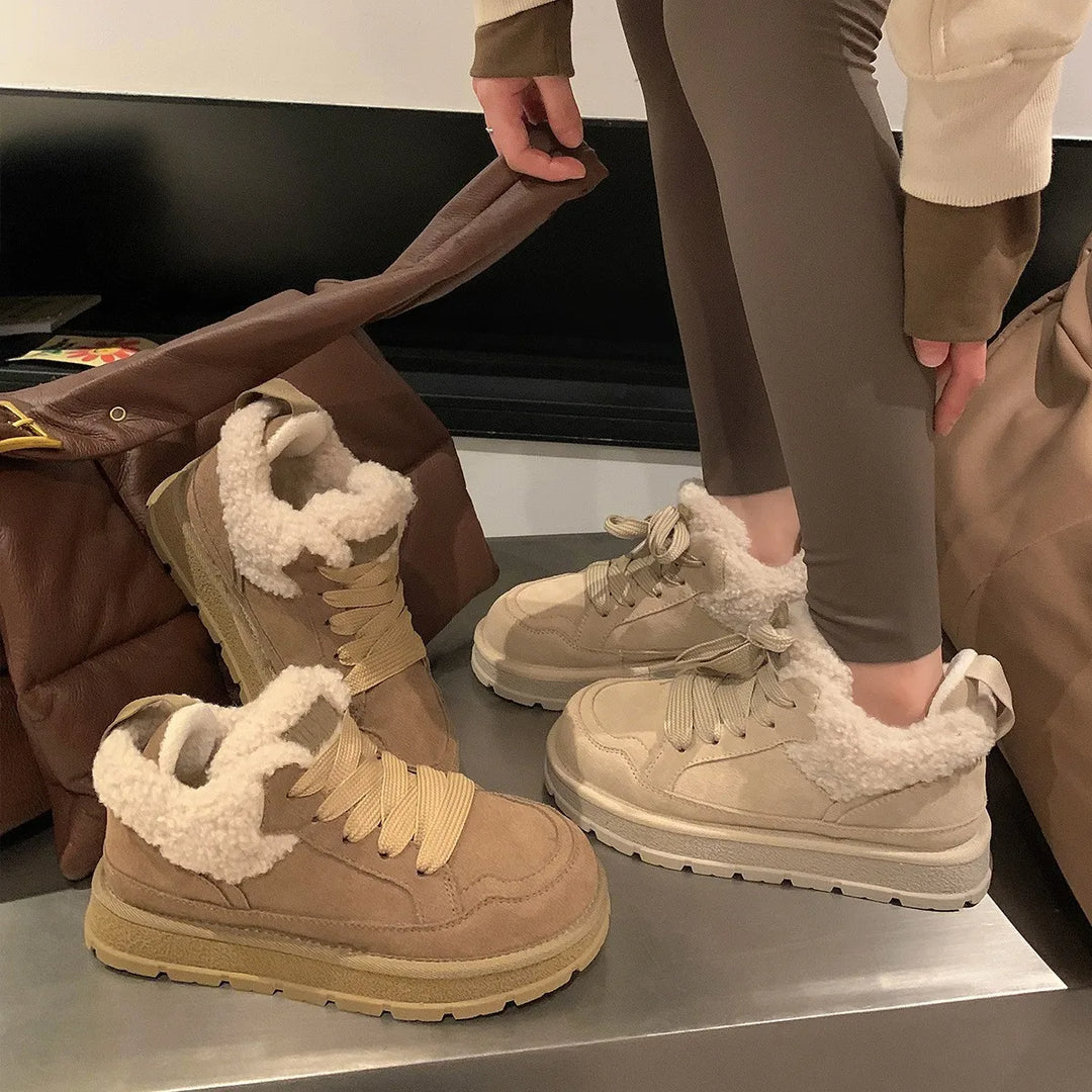 Damen Winterstiefel Leder | Pelz gefüttert dicker Boden Runde Zehe