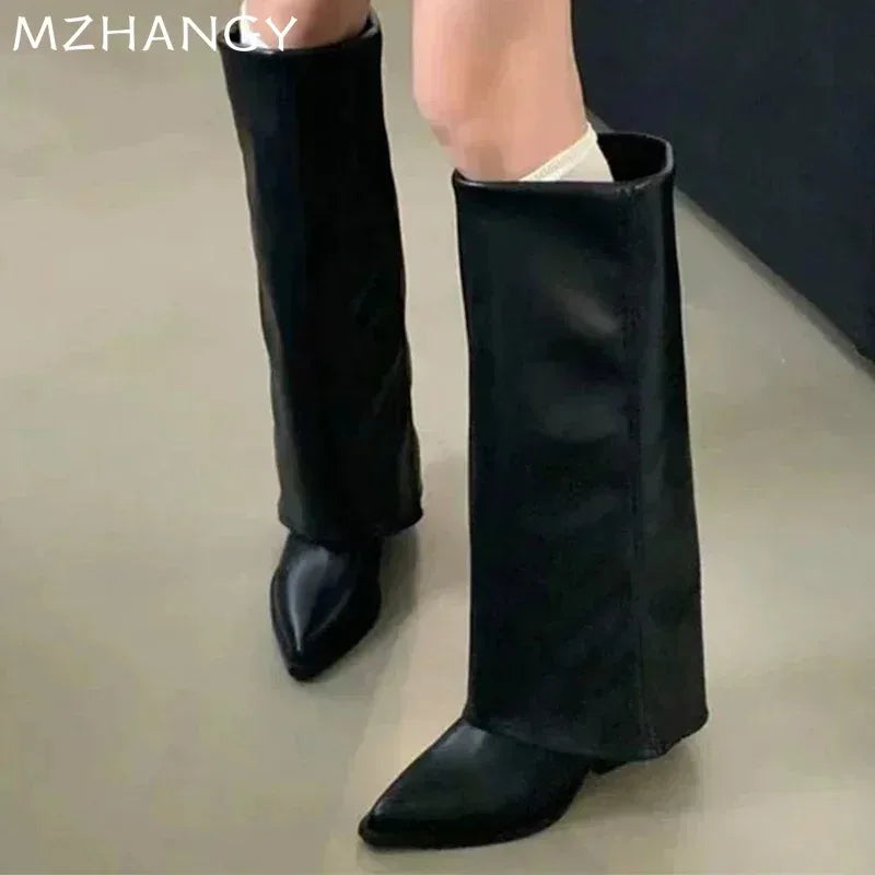 Hohe Chunky Lederstiefel für Damen | Kniehohe Chelsea Boots mit Blockabsatz und trendigem Design