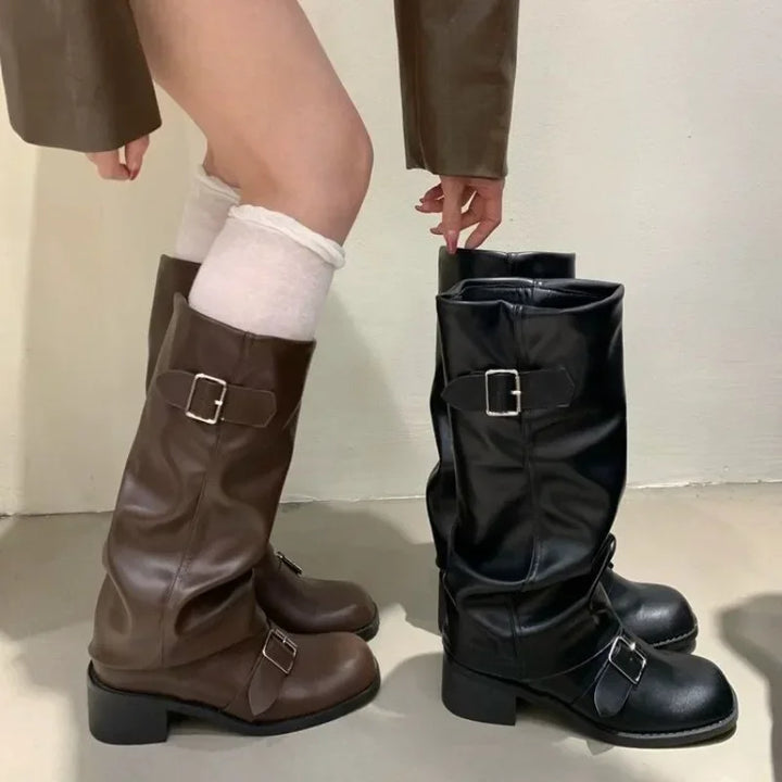 Punk Gothic Damen Kniehohe Stiefel | Plateau Lederstiefel mit Chunky Heels & Motorrad-Style