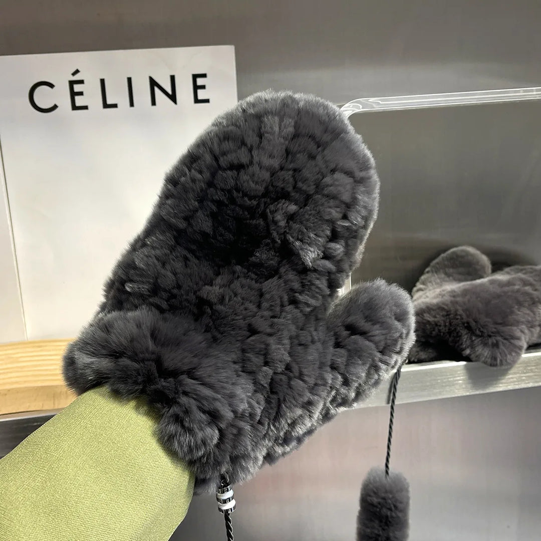 Damen Gestrickte Rex Kaninchen Fell Winterhandschuhe - Warme Weiche Fäustlinge