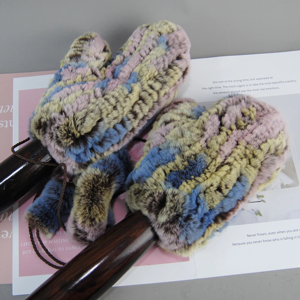 Damen Gestrickte Rex Kaninchen Fell Winterhandschuhe - Warme Weiche Fäustlinge