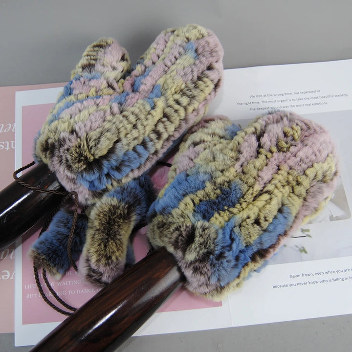 Damen Gestrickte Rex Kaninchen Fell Winterhandschuhe - Warme Weiche Fäustlinge