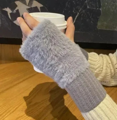 Damen Halbfinger Handschuhe - Weiche Strick Plüsch Luxus Winter Fäustlinge