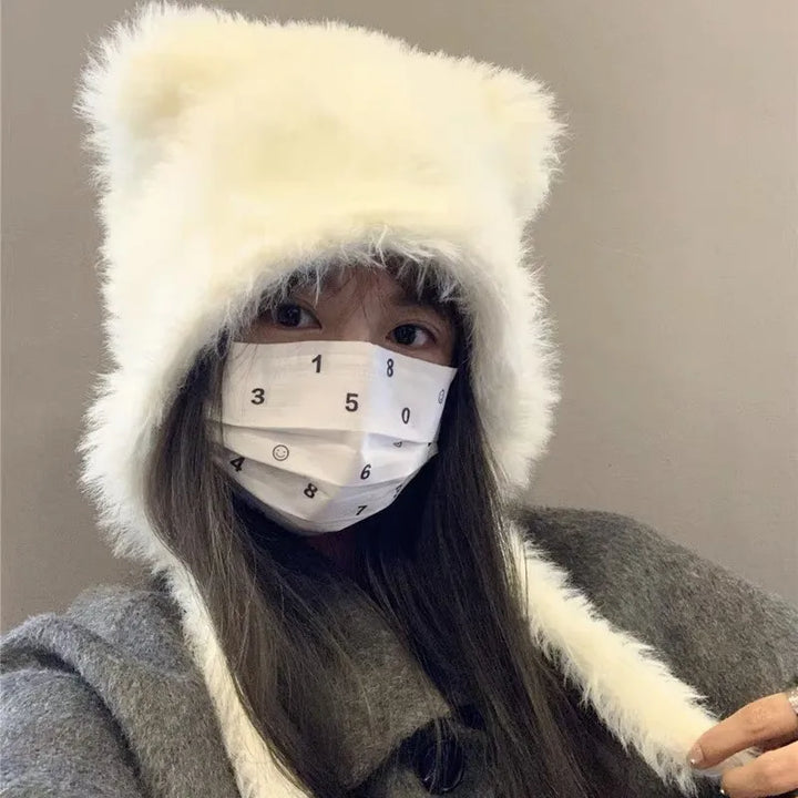 Damen Plüsch Katzenohr Mütze - Süße Koreanische Pullover Beanie mit Ohrschutz