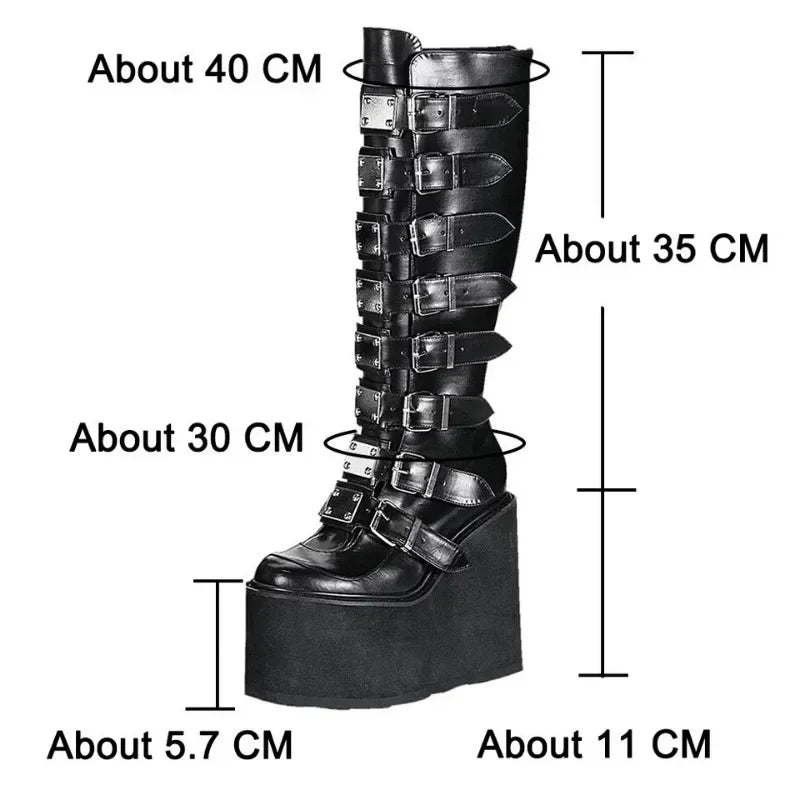 Gothic Damenstiefel mit Plateau & Keilabsatz | Cosplay High Heel Stiefel mit Schnallenriemen