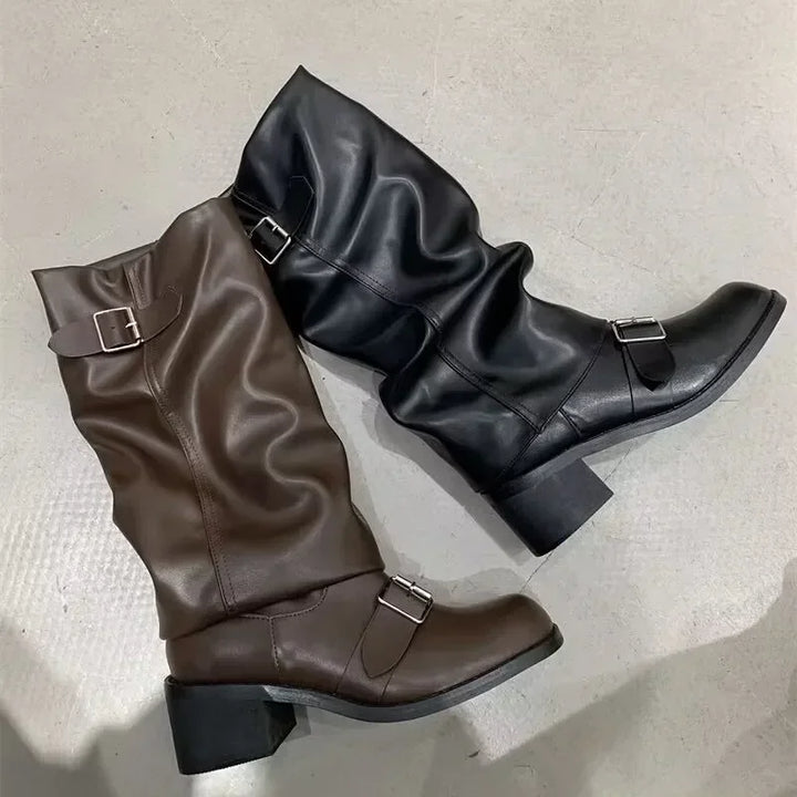 Punk Gothic Damen Kniehohe Stiefel | Plateau Lederstiefel mit Chunky Heels & Motorrad-Style