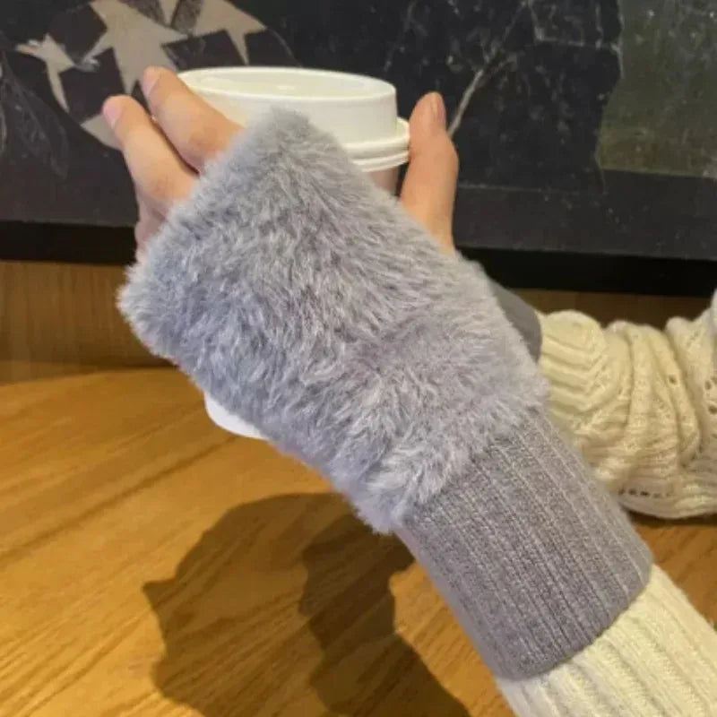 Damen Halbfinger Handschuhe - Weiche Strick Plüsch Luxus Winter Fäustlinge