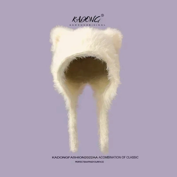 Damen Plüsch Katzenohr Mütze - Süße Koreanische Pullover Beanie mit Ohrschutz