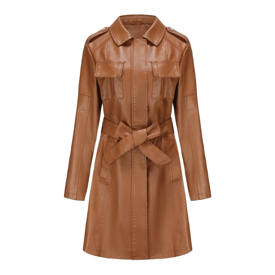 Damen Kunstledermantel | Mittellanger Trenchcoat mit Bindegürtel & Umlegekragen