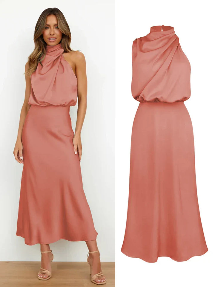 Elegantes Midikleid aus Satin | Asymmetrischer Ausschnitt & Sublimierte Silhouette