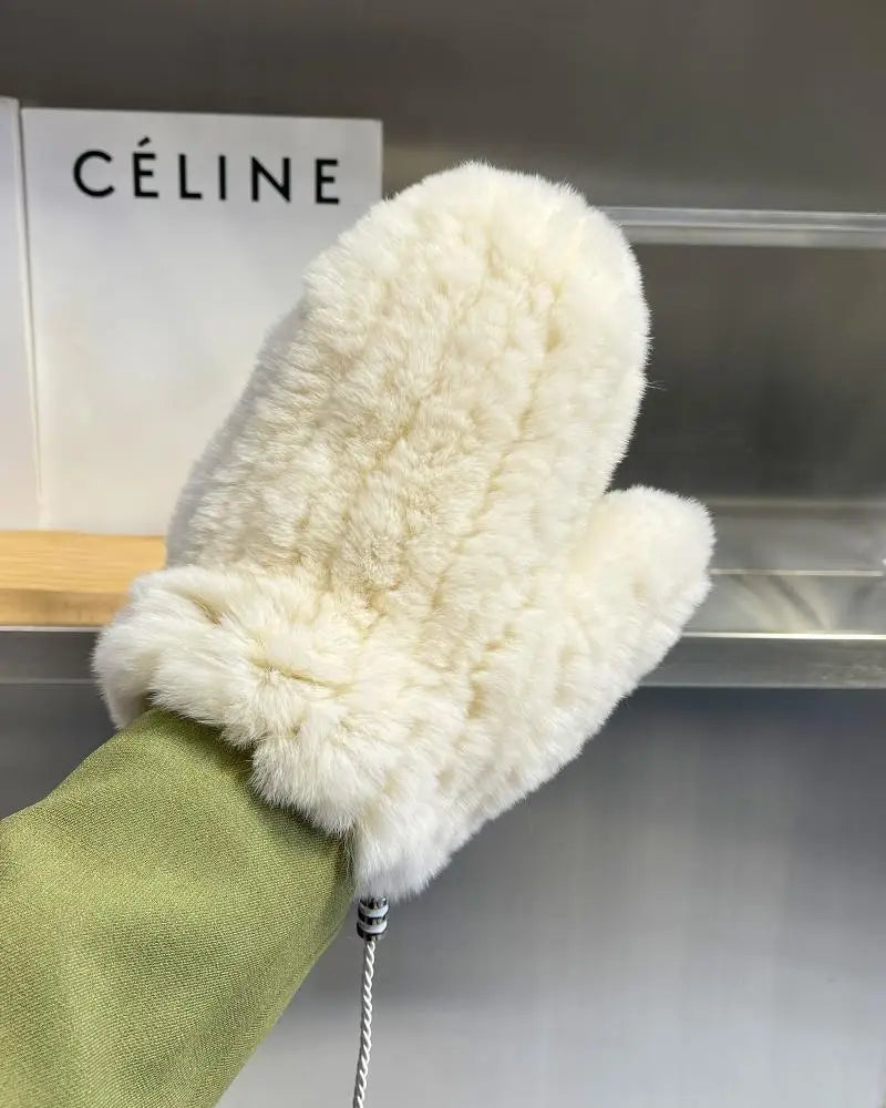 Damen Gestrickte Rex Kaninchen Fell Winterhandschuhe - Warme Weiche Fäustlinge