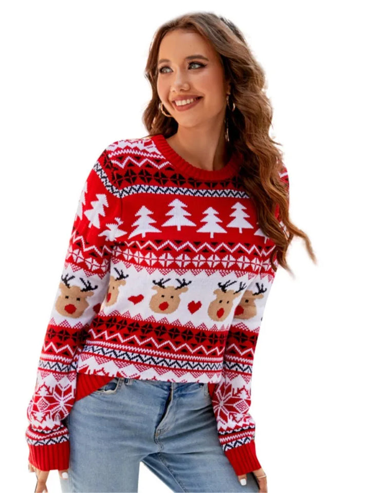 Weihnachts-Pullover gestrickt Damen | Rundhalsausschnitt Langarm Druck