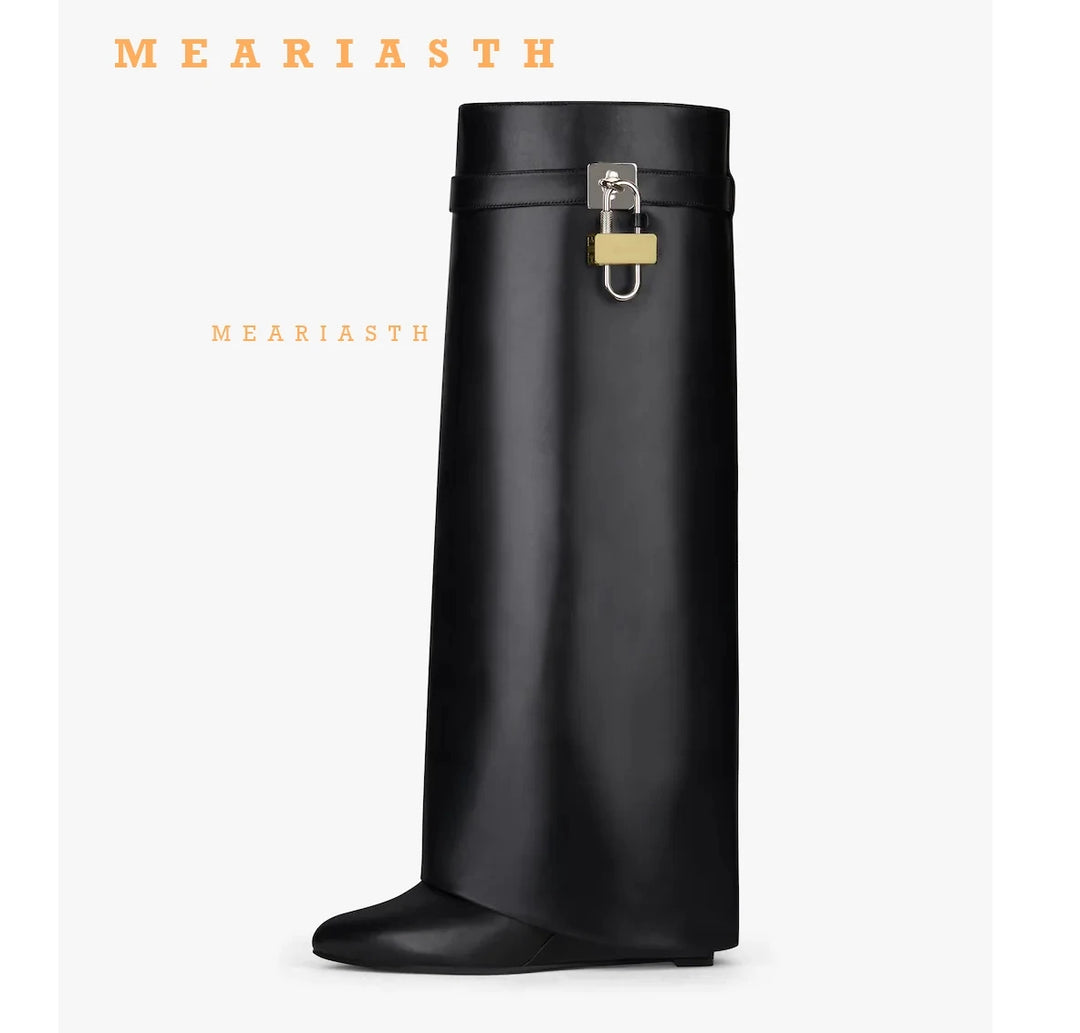 Designer Kniestiefel für Damen | Herbst Winter High Heel Stiefel im Gothic- und Faltenstil