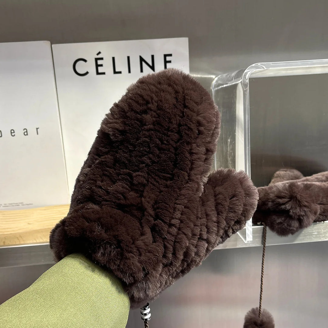 Damen Gestrickte Rex Kaninchen Fell Winterhandschuhe - Warme Weiche Fäustlinge
