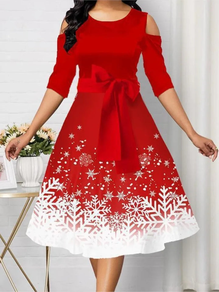 Damen Weihnachtskleid A-Linie | Schneeflocke Print Off-Shoulder Gürtel