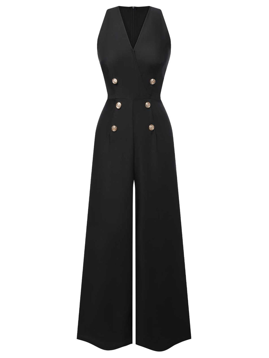 Schwarz 1950er Ärmelloser Geknöpfter Solider Jumpsuit | Retro-Stil, Elegant und Komfortabel