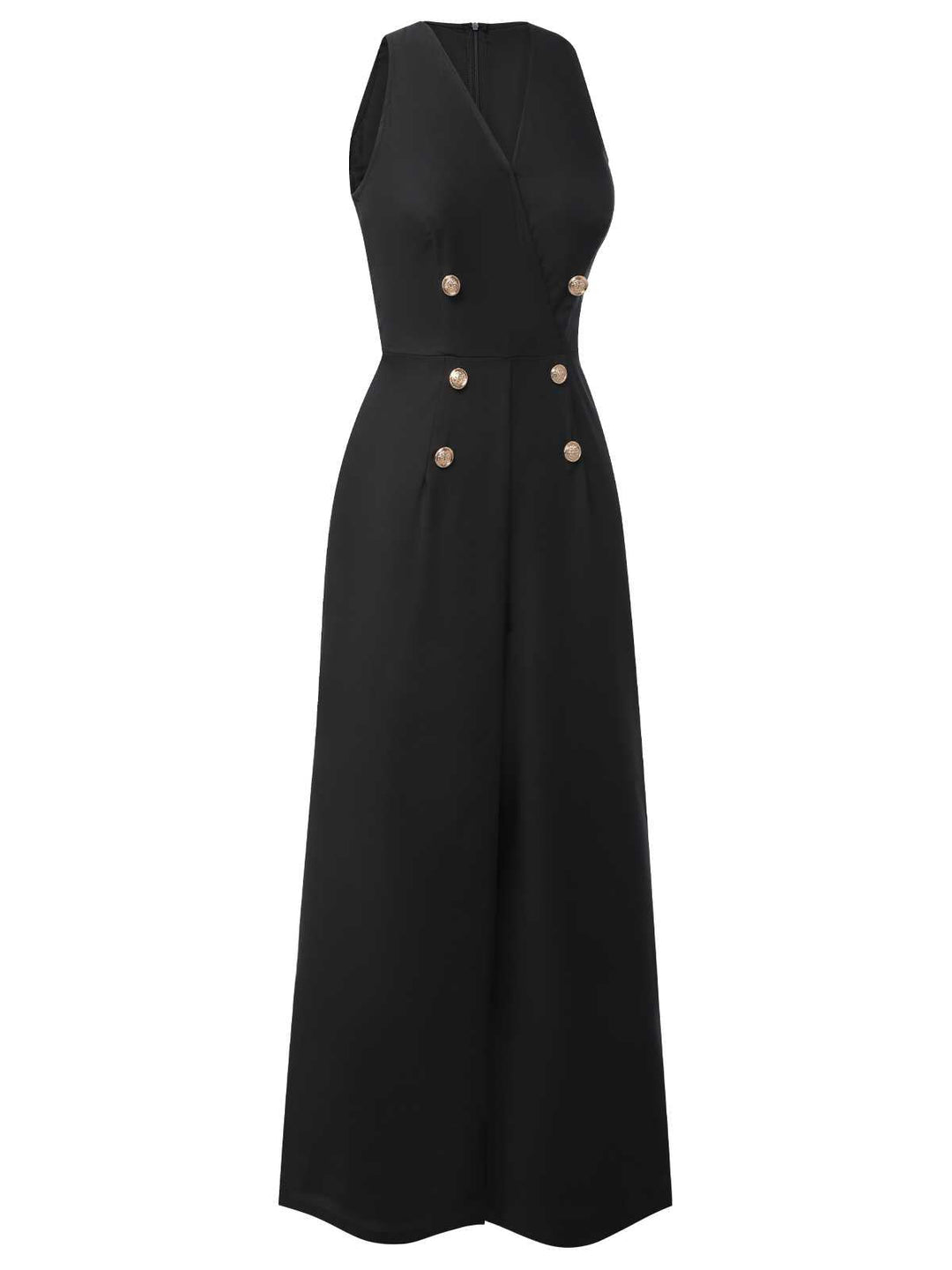 Schwarz 1950er Ärmelloser Geknöpfter Solider Jumpsuit | Retro-Stil, Elegant und Komfortabel