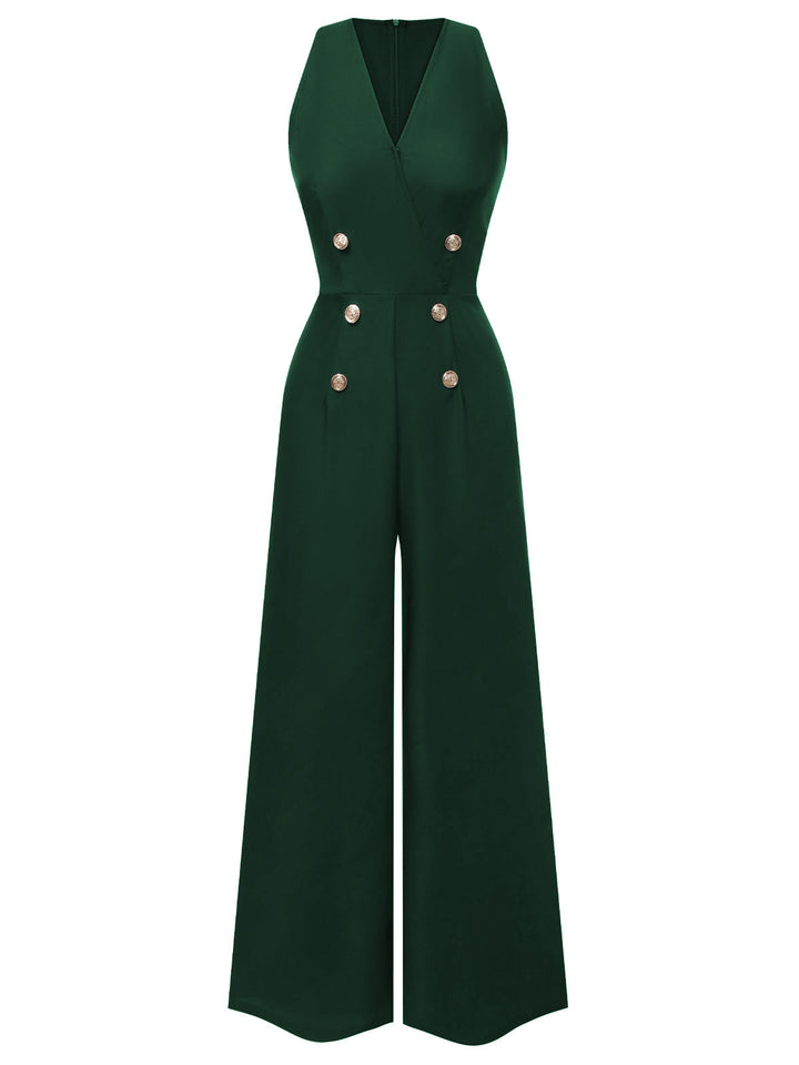 Schwarz 1950er Ärmelloser Geknöpfter Solider Jumpsuit | Retro-Stil, Elegant und Komfortabel