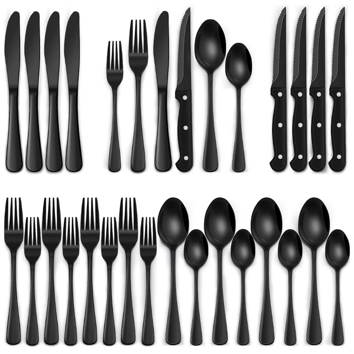 24-teiliges schwarzes Edelstahl-Besteckset mit Steakmessern – Modernes Besteck für 4 Personen