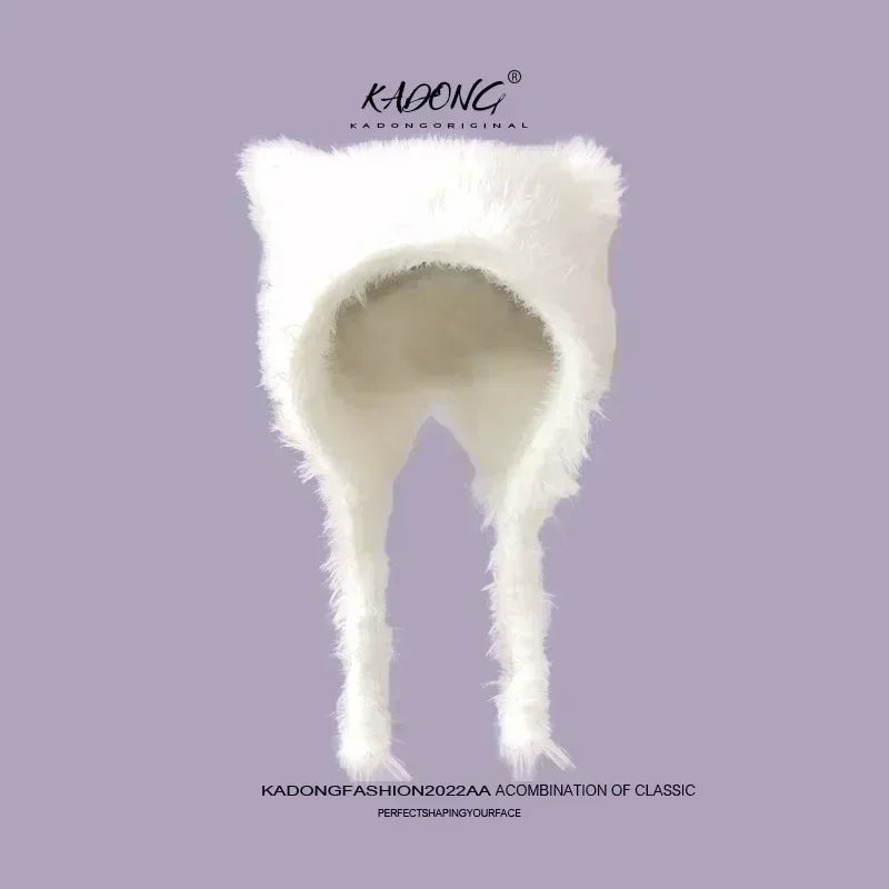 Damen Plüsch Katzenohr Mütze - Süße Koreanische Pullover Beanie mit Ohrschutz