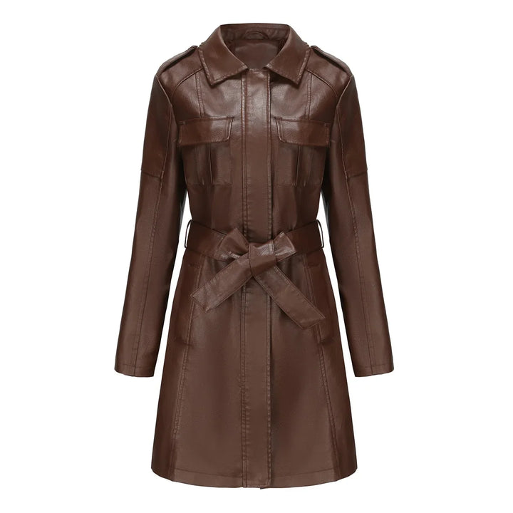 Damen Kunstledermantel | Mittellanger Trenchcoat mit Bindegürtel & Umlegekragen