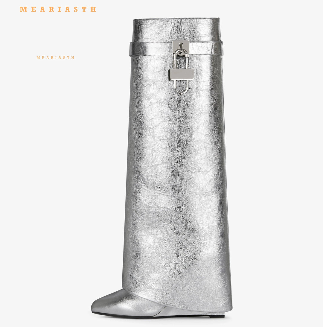 Designer Kniestiefel für Damen | Herbst Winter High Heel Stiefel im Gothic- und Faltenstil