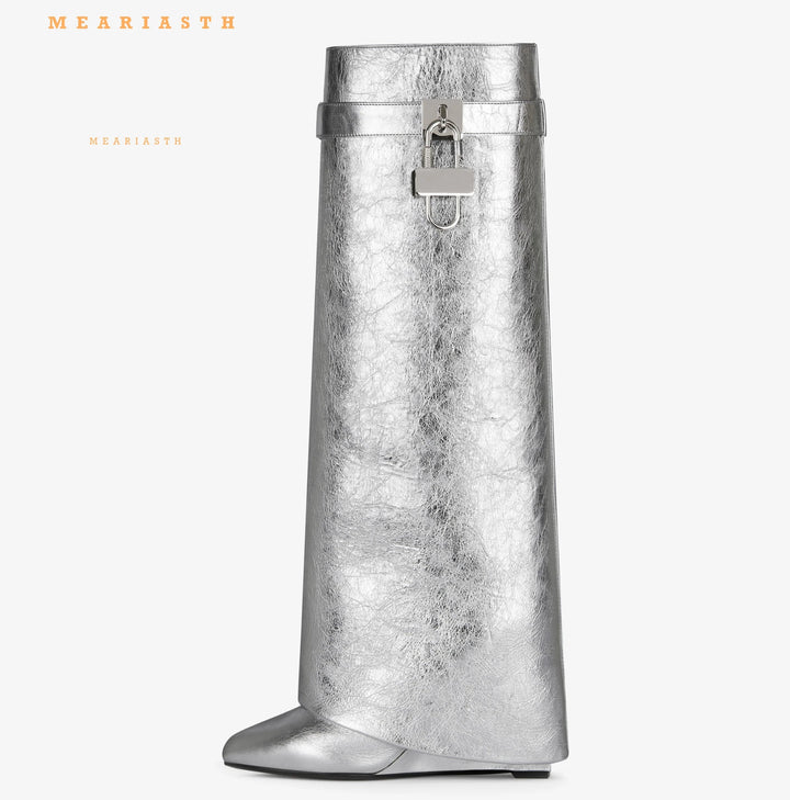 Designer Kniestiefel für Damen | Herbst Winter High Heel Stiefel im Gothic- und Faltenstil
