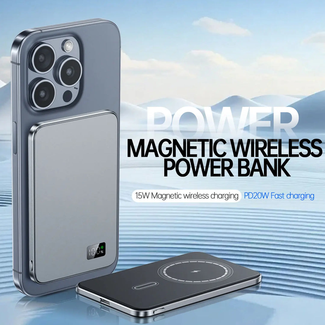 Ultradünner externer Akku | Magnetisches kabelloses Schnellladegerät mit LED-Bildschirm für iPhone & Samsung