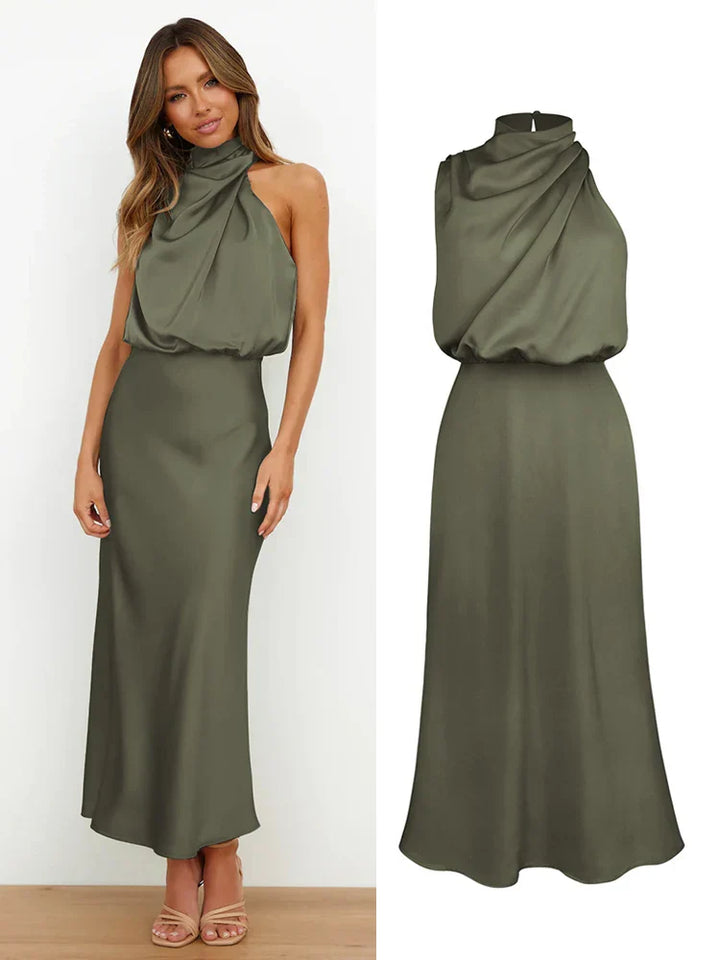 Elegantes Midikleid aus Satin | Asymmetrischer Ausschnitt & Sublimierte Silhouette
