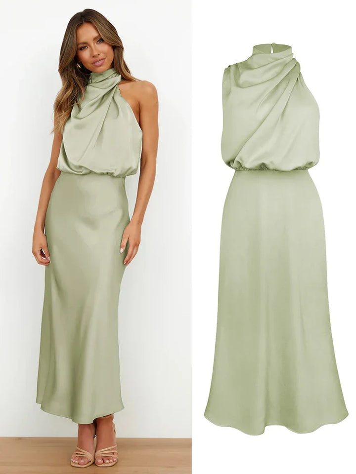 Elegantes Midikleid aus Satin | Asymmetrischer Ausschnitt & Sublimierte Silhouette