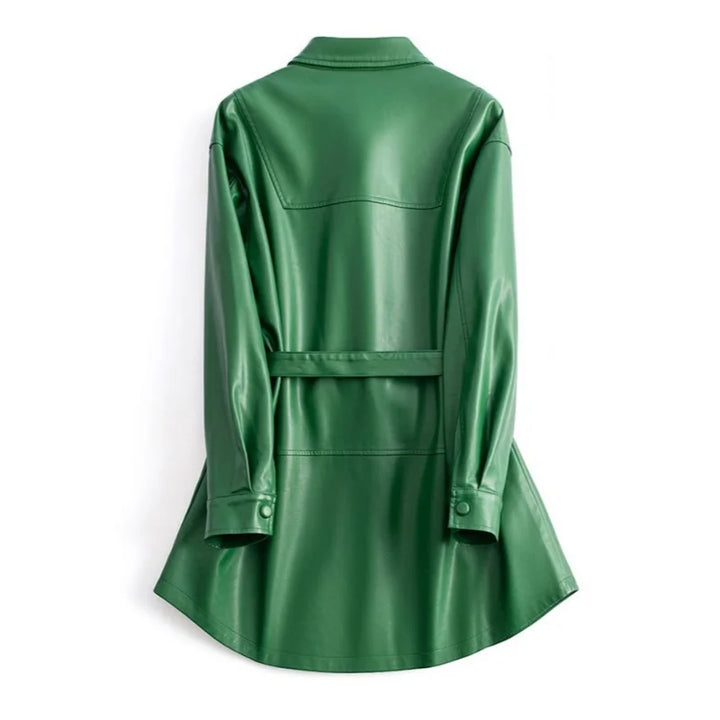 Damen Lederjacke in Grün | Modische Gabardina mit Gürtel für Frühling & Herbst